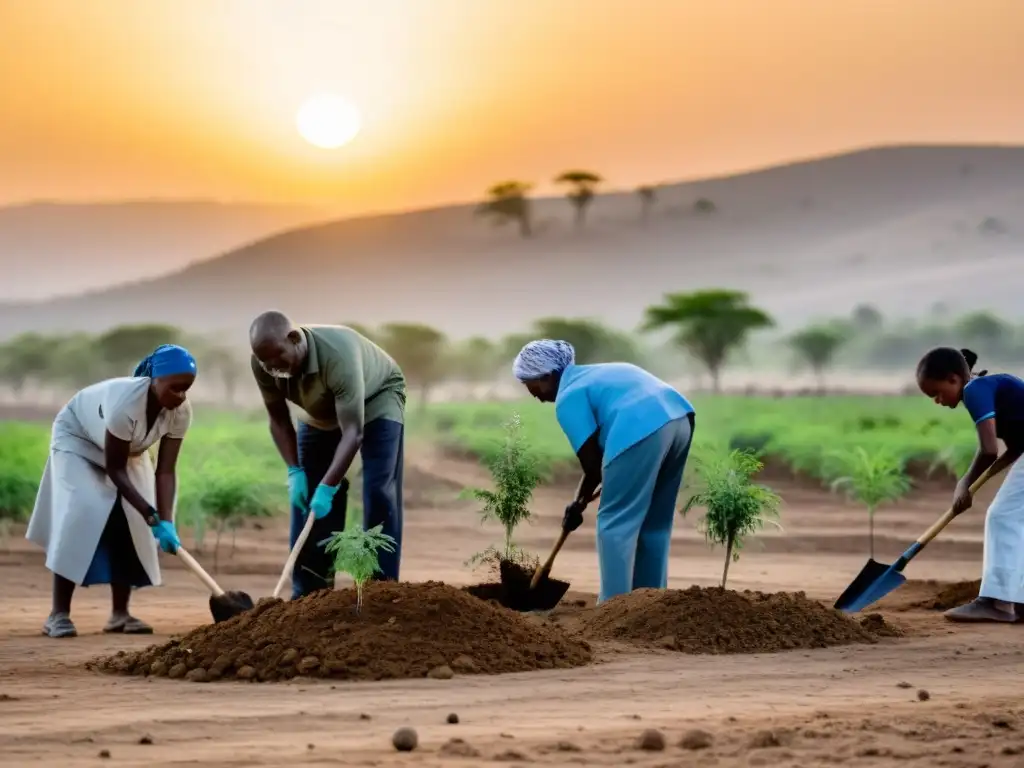 Un grupo diverso de personas planta árboles en terreno deforestado al atardecer, simbolizando esperanza ante el cambio climático y la protección de los vulnerables a través de políticas públicas