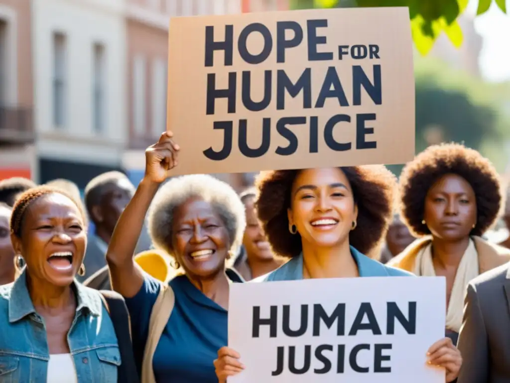 Grupo diverso de personas en la calle, expresando esperanza y determinación con carteles por derechos humanos y justicia social en una ciudad