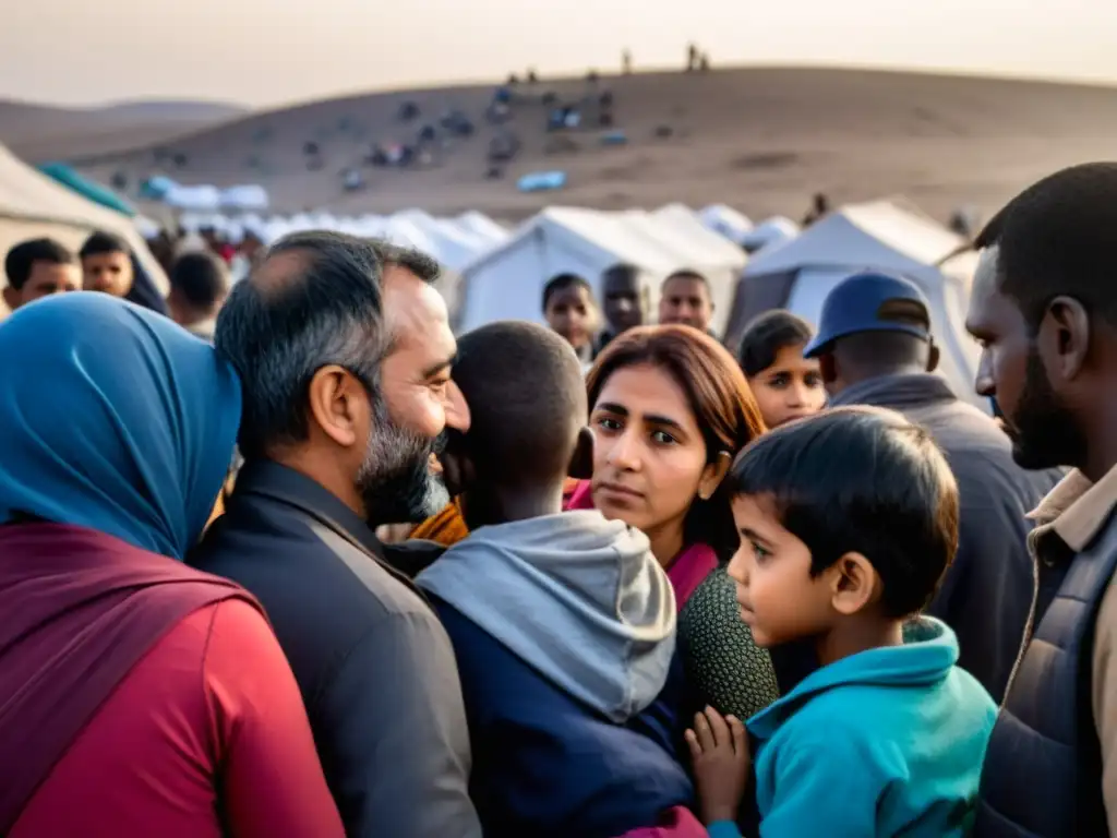 Un grupo diverso de personas se reúne en un campo de refugiados, mostrando esperanza y resistencia ante la adversidad