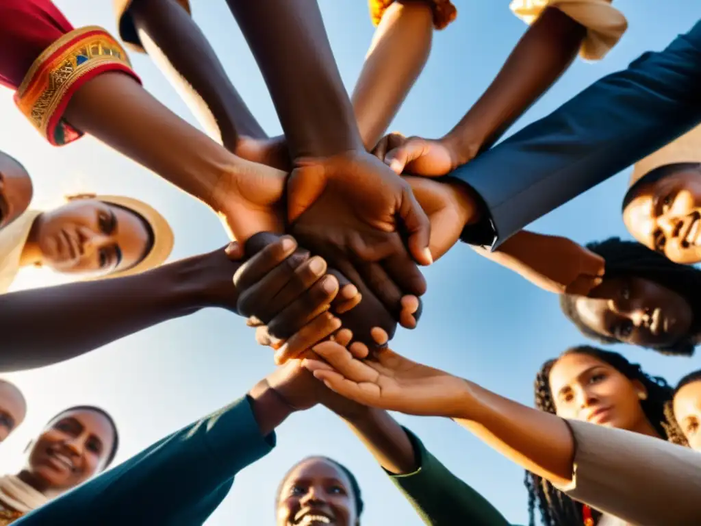 Un grupo diverso de personas se une en círculo, sosteniendo las manos y mirando determinadamente hacia el horizonte