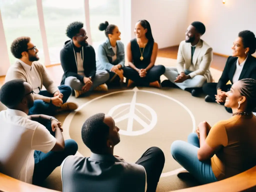 Un grupo diverso de personas se sienta en círculo en un espacio comunitario, conversando pacíficamente