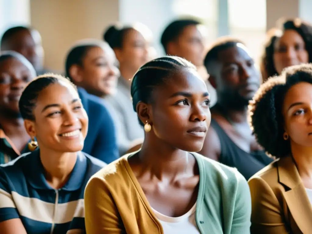 Un grupo diverso de personas de comunidades vulnerables se reúne en un entorno de apoyo, promoviendo la salud mental y la resiliencia