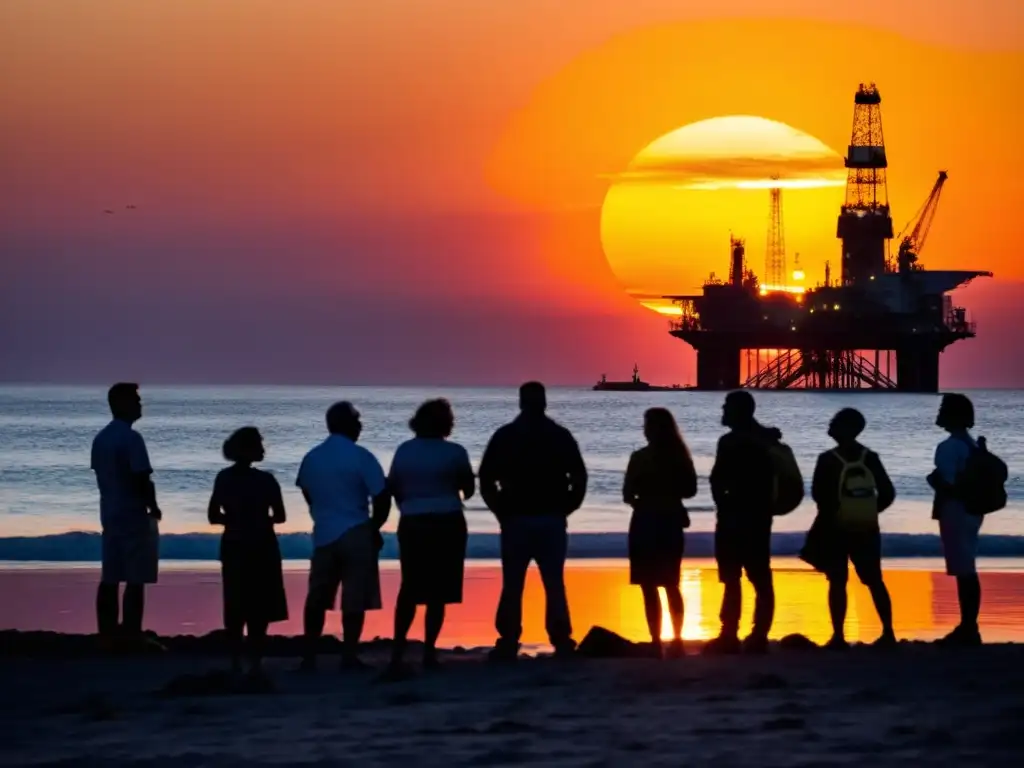 Atardecer de determinación: ciudadanos unidos frente a desafíos ambientales Un grupo diverso de personas se reúne en la costa, mirando hacia el horizonte donde el sol se pone en un espectáculo de colores