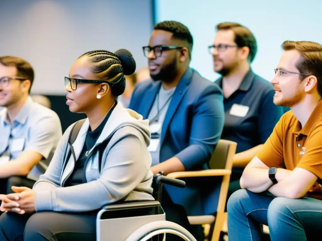 Un grupo diverso de personas con discapacidad participa activamente en un taller de inteligencia artificial