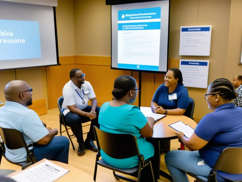 Grupo diverso de personas con discapacidad y cuidadores en un taller de preparación para emergencias, con intérprete de lenguaje de señas