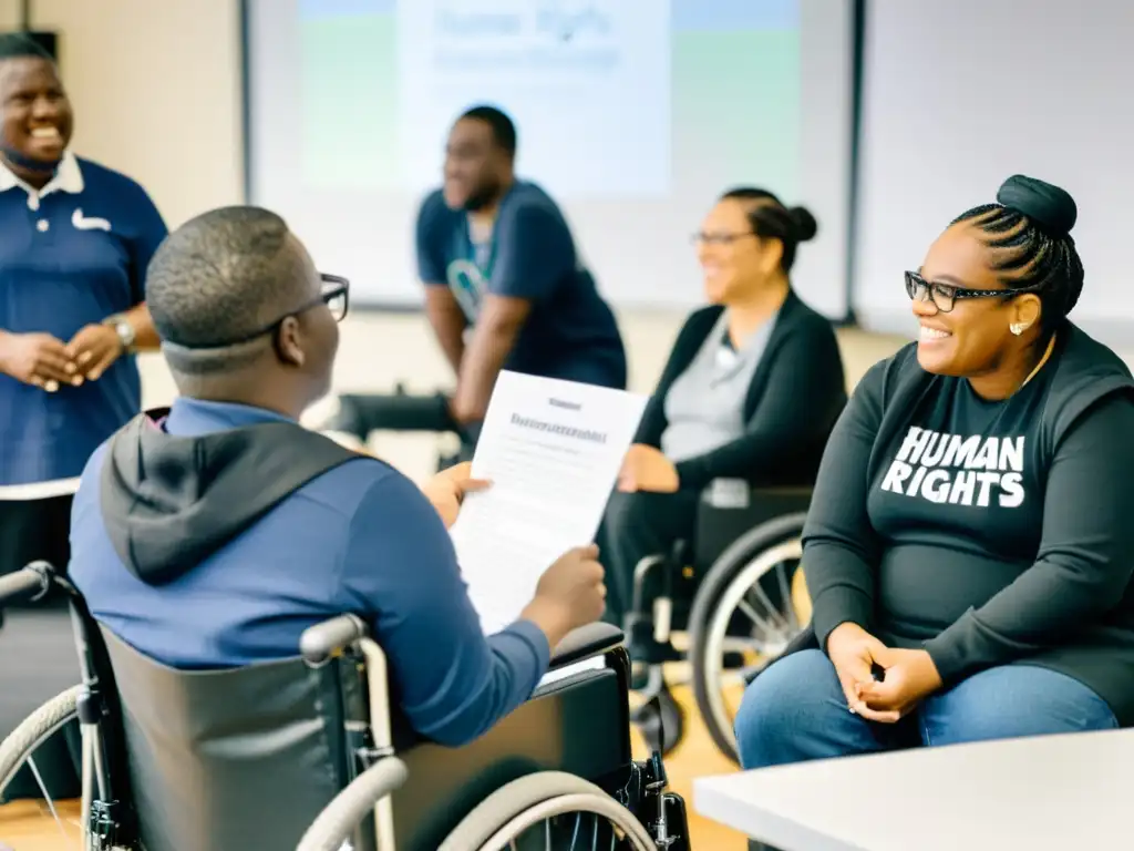 Grupo diverso de personas con discapacidad participando en taller de derechos humanos, mostrando avances en educación inclusiva