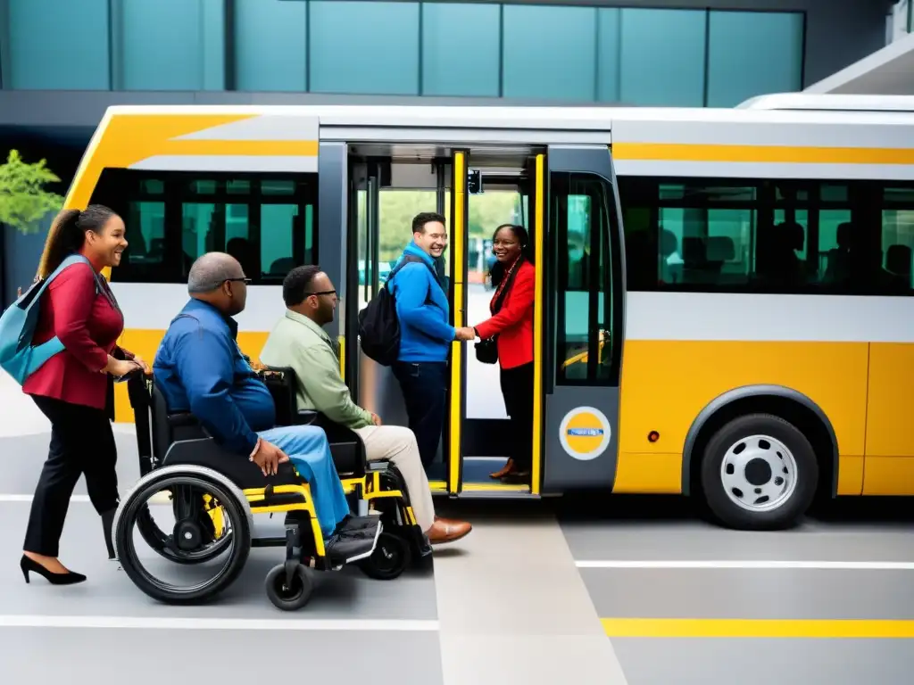 Un grupo diverso de personas con discapacidades aborda un moderno vehículo de transporte público accesible, con ayuda de personal atento