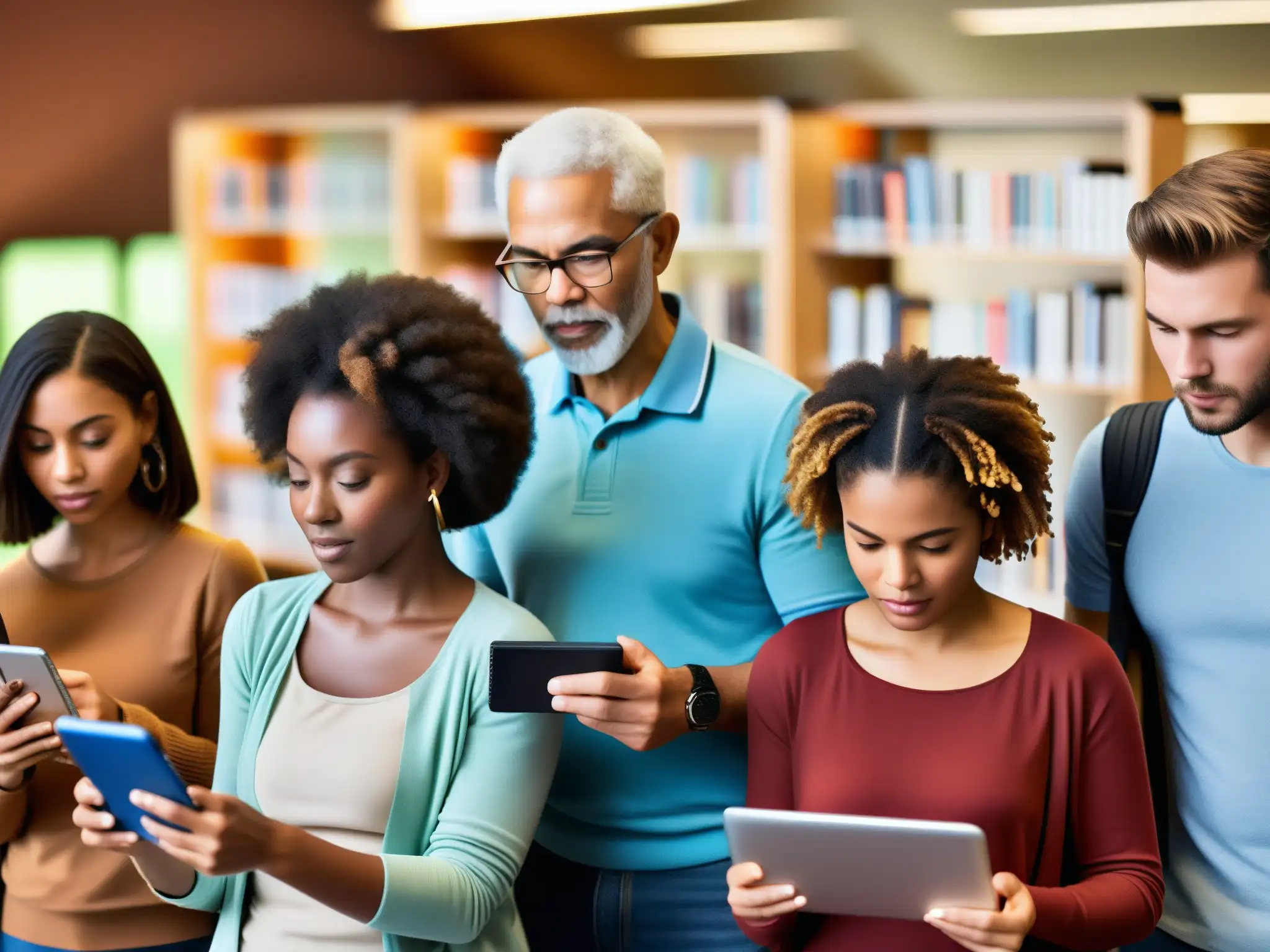 Un grupo diverso de personas de diferentes edades y orígenes usa dispositivos digitales en un espacio público, demostrando la importancia de los derechos humanos al acceso a Internet