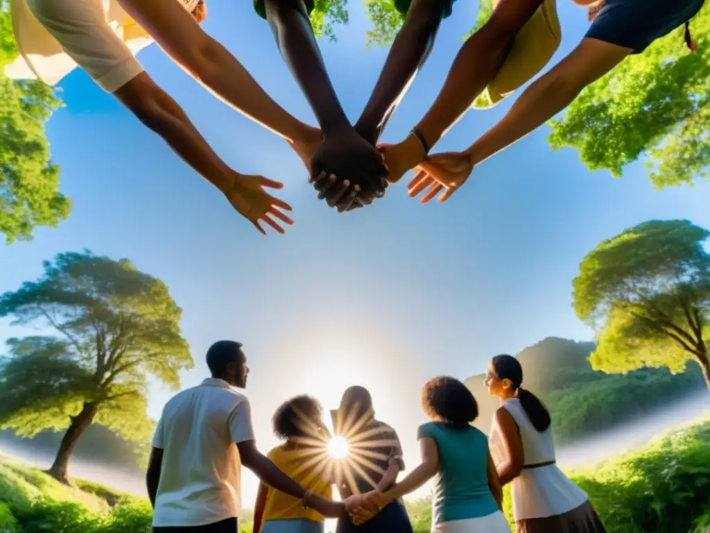 Un grupo diverso de personas de todas las edades y orígenes, unidas en círculo, mirando un paisaje verde y soleado