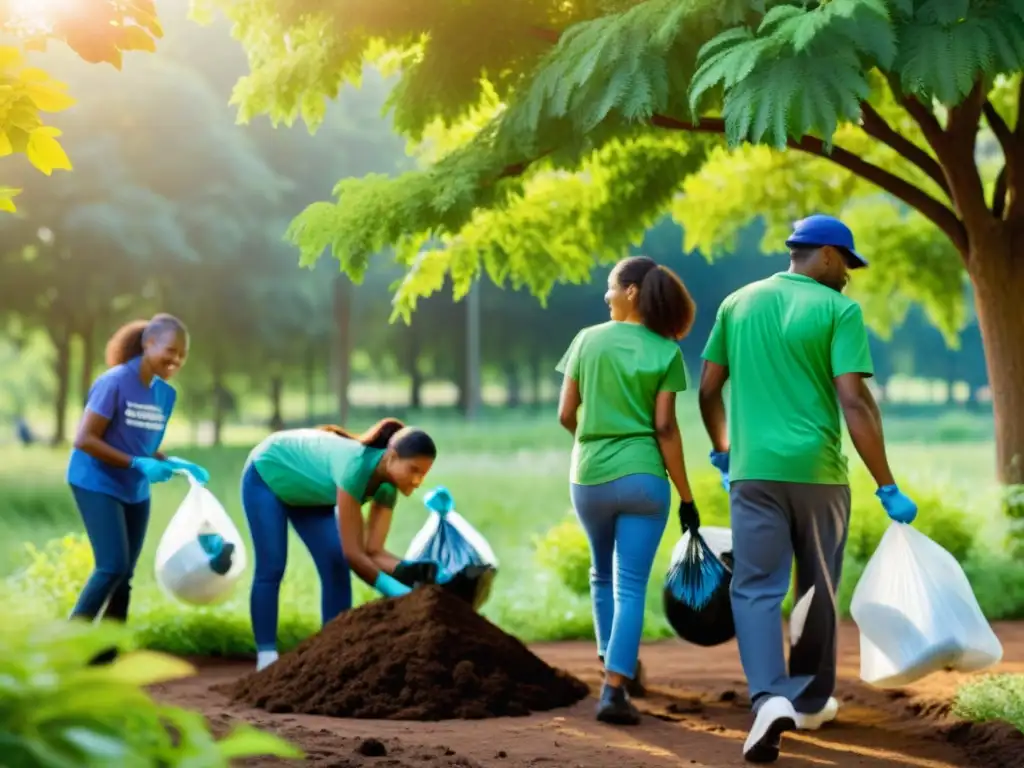 Un grupo diverso de personas participa en un evento de limpieza comunitaria, plantando árboles y recogiendo basura en un parque verde