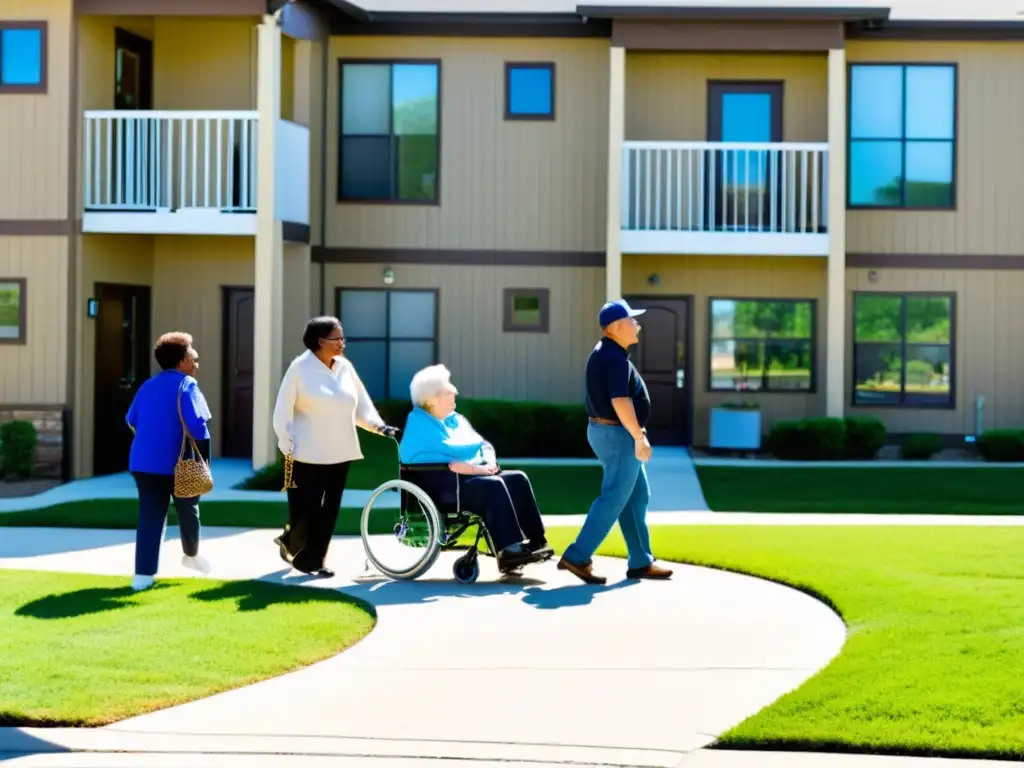 Un grupo diverso de personas, incluyendo familias, mayores y personas con discapacidad, interactúan frente a un complejo de viviendas accesible