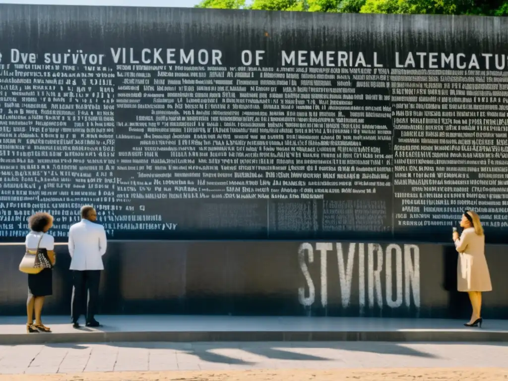 Un grupo diverso de personas reflexiona frente a un memorial desgastado mientras comparten historias de sobrevivientes y activistas