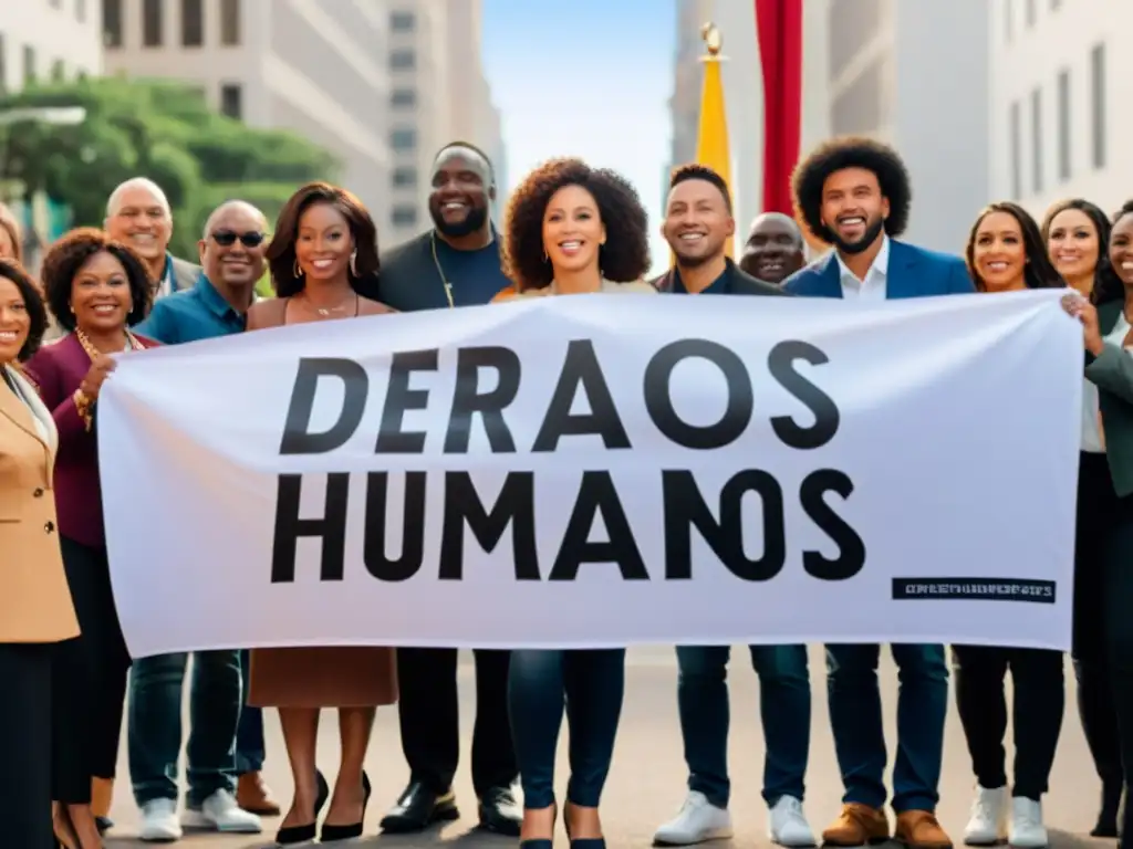 Un grupo diverso de personas sostiene un gran cartel 'Derechos Humanos' en la ciudad, transmitiendo determinación y unidad en la defensa de los derechos humanos