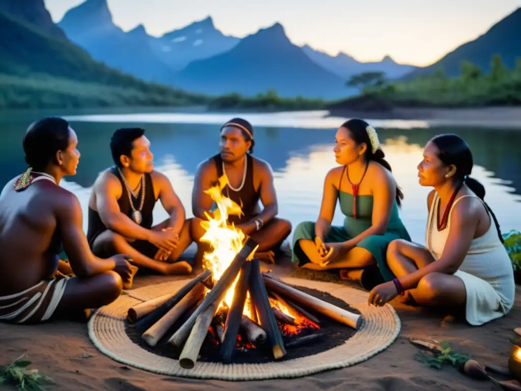 Un grupo diverso de personas indígenas se reúne alrededor de un fuego compartiendo conocimientos sobre medicina herbal y prácticas curativas tradicionales