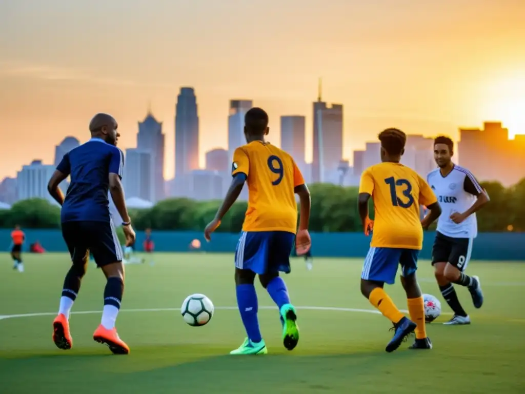 Un grupo diverso de personas, incluyendo inmigrantes y refugiados, juega fútbol en un parque local al atardecer