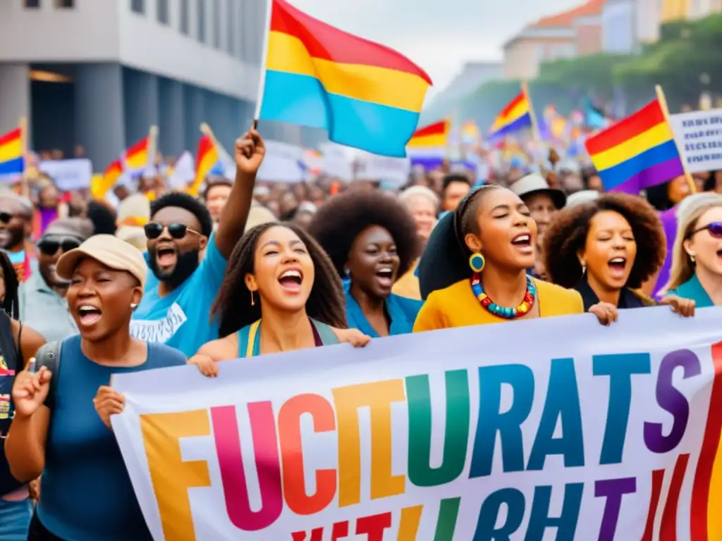 Grupo diverso de personas cantando juntas en una marcha de protesta, con pancartas coloridas a favor de los derechos culturales y políticos