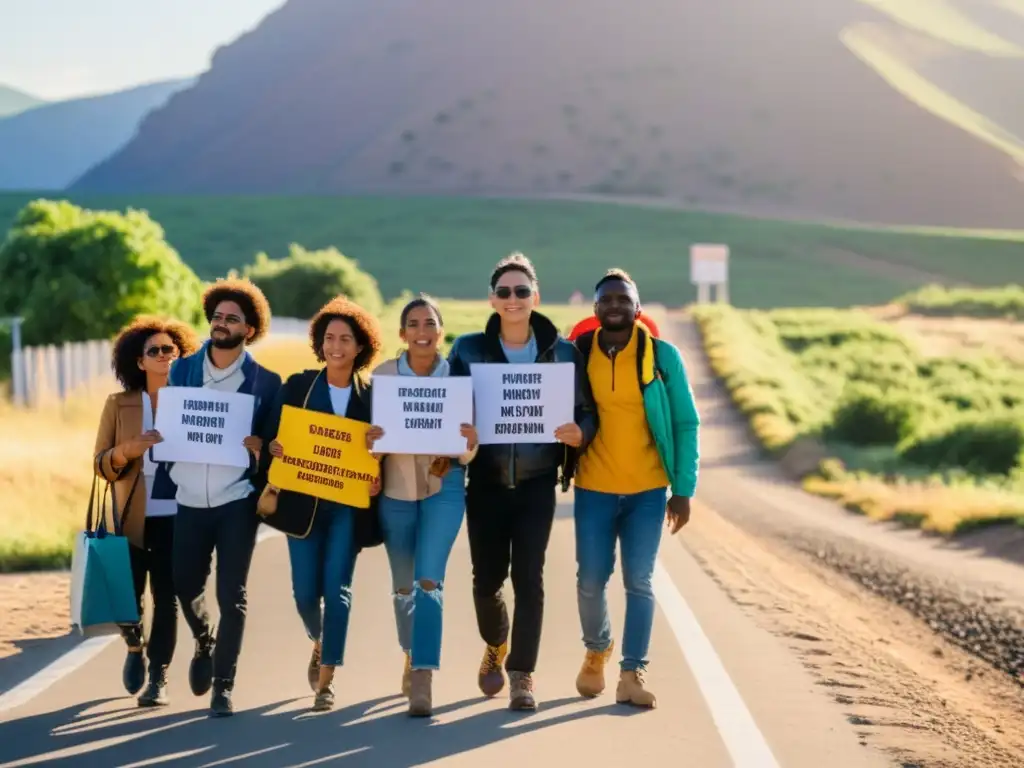 Un grupo diverso de personas LGBTIQ+ en la frontera, llevando sus pertenencias y documentos, con expresiones de esperanza y determinación