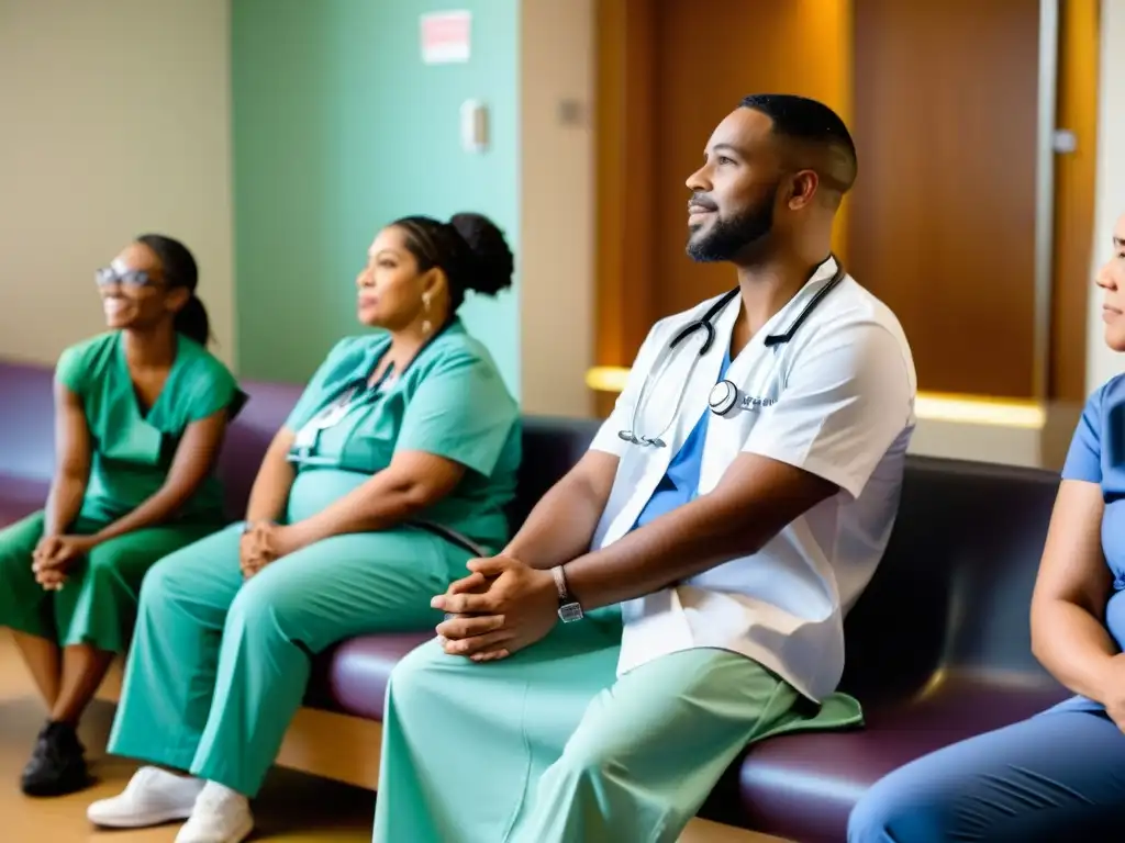 Un grupo diverso de personas LGBTIQ+ espera en una instalación de salud, reflejando su lucha por el 'Acceso a servicios de salud LGBTIQ+'