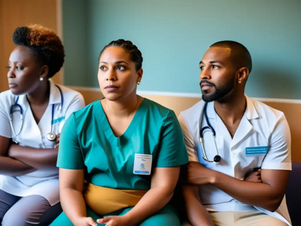 Grupo diverso de personas LGBTIQ+ esperando en una clínica de salud, mostrando determinación ante desafíos en el acceso a servicios de salud LGBTIQ+