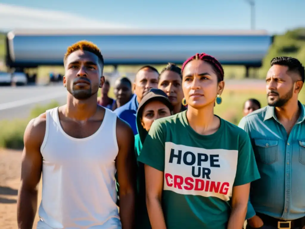 Grupo diverso de personas LGBTIQ+ en la frontera, mostrando esperanza y determinación en situación de migración y asilo