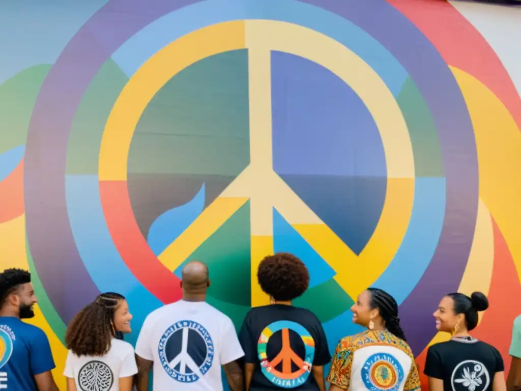 Un grupo diverso de personas se toman de las manos frente a un mural colorido que representa escenas de paz y unidad