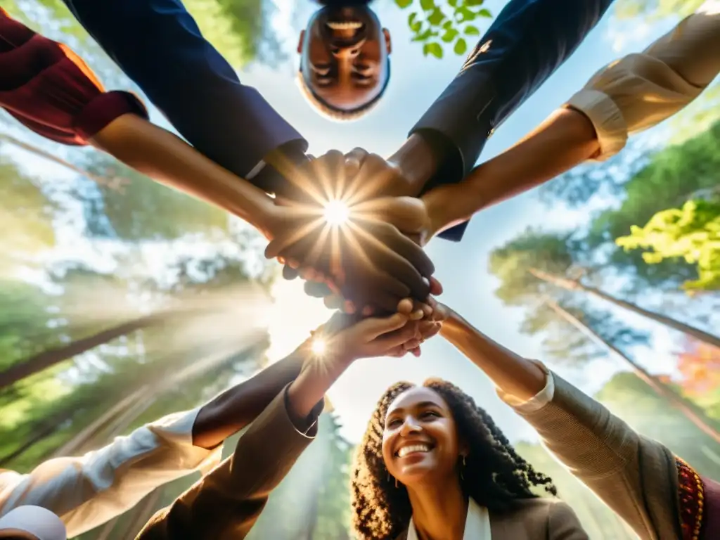 Un grupo diverso de personas sostiene sus manos formando un círculo en un claro del bosque, con expresiones de esperanza y determinación