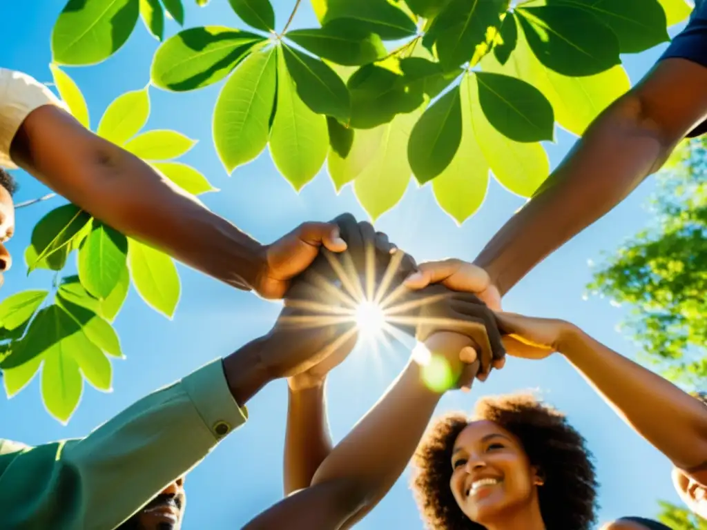 Un grupo diverso de personas se toman de las manos alrededor de un árbol en un entorno natural