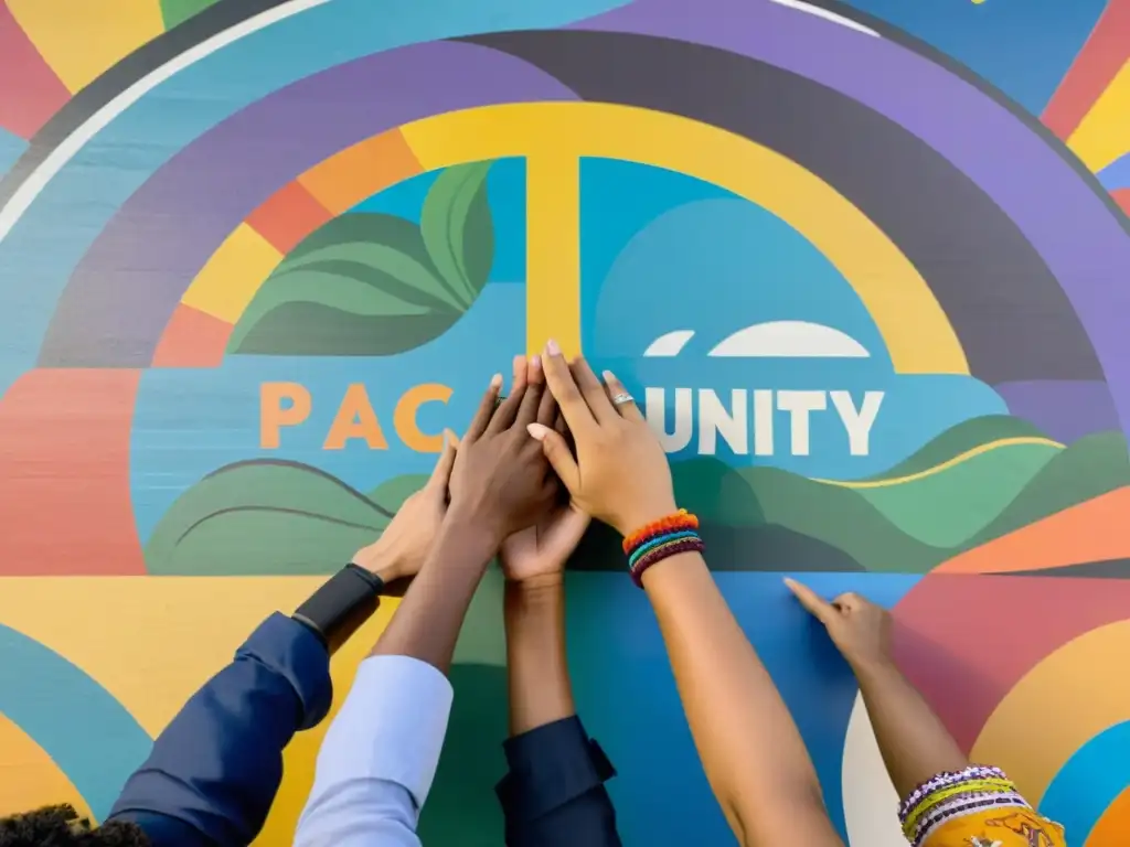 Un grupo diverso de personas se toman de las manos frente a un mural colorido que representa la paz y la unidad