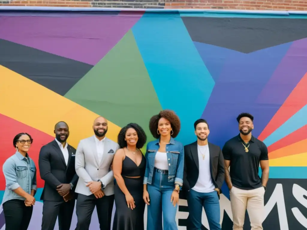 Un grupo diverso de personas LGBTQ+ posa frente a un mural vibrante que simboliza la lucha y el triunfo