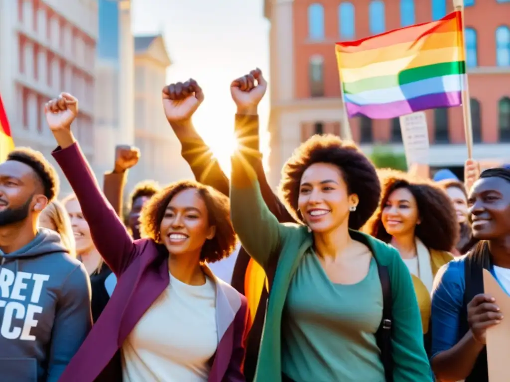 Un grupo diverso de personas de distintos orígenes y culturas se unen en solidaridad en una plaza de la ciudad, sosteniendo pancartas de protesta coloridas que abogan por la igualdad y la justicia