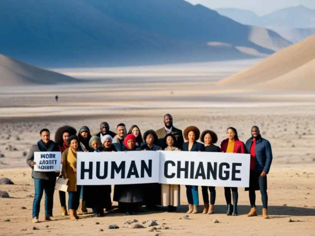 Un grupo diverso de personas sostiene pancartas en un paisaje desolado, evidenciando el cambio climático y la desigualdad