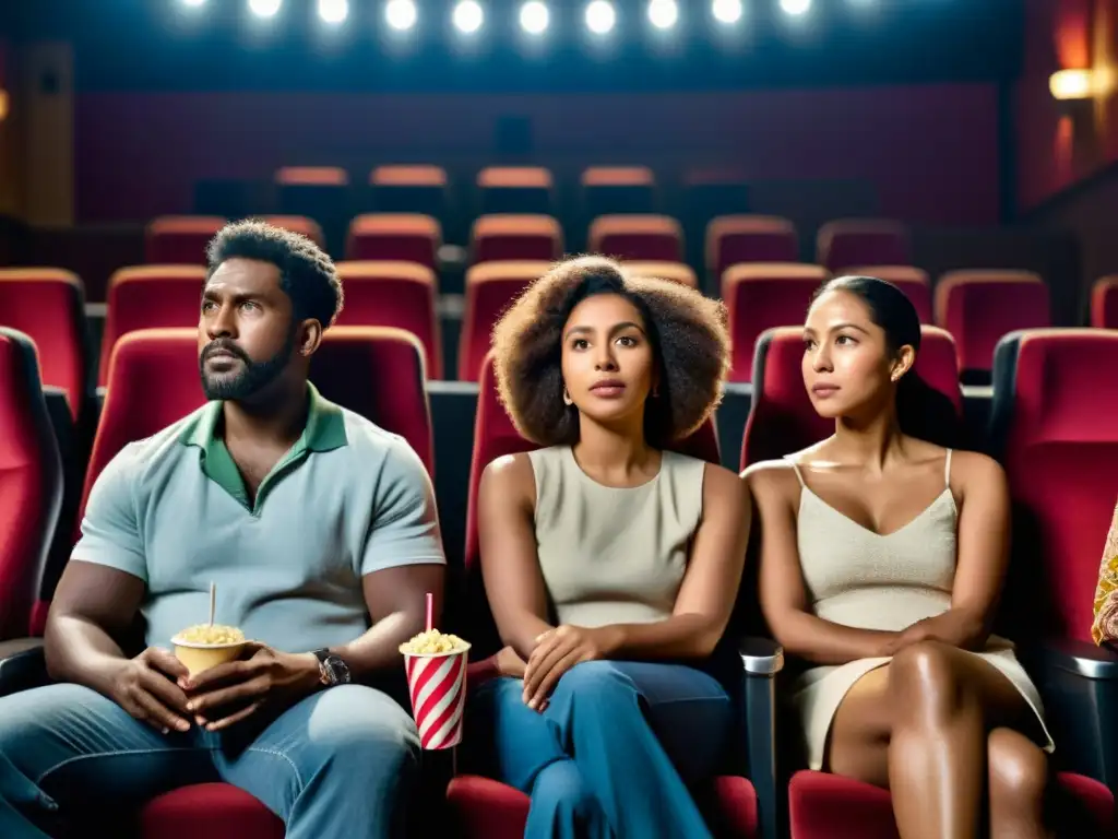 Un grupo diverso de personas disfruta de una película en el cine, reflejando la inclusión y la diversidad