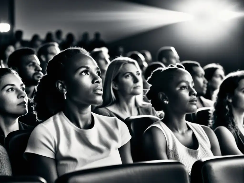 Un grupo diverso de personas viendo una película en un cine, expresiones conmovedoras