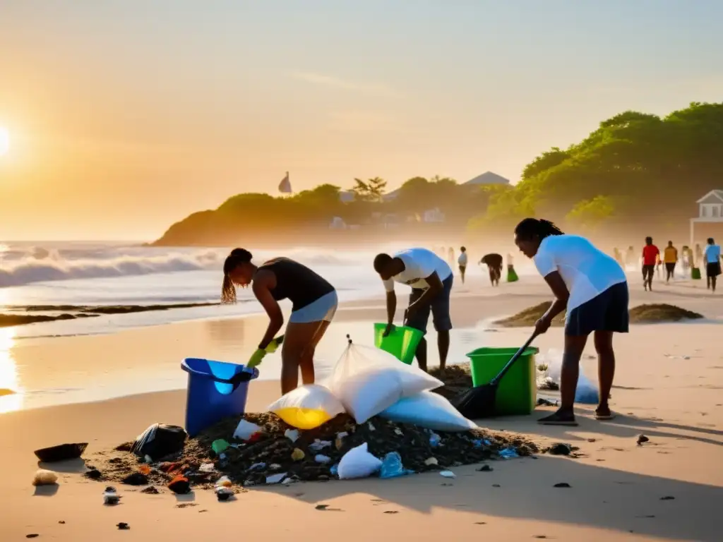 Un grupo diverso de personas se une para limpiar una playa contaminada al atardecer, mostrando Iniciativas de Responsabilidad Social Global