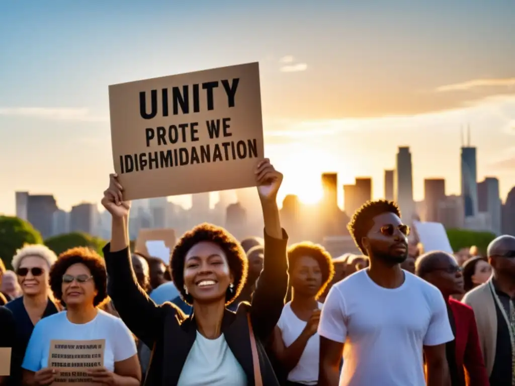 Un grupo diverso de personas participa en una protesta pacífica contra la discriminación racial, sosteniendo pancartas de unidad