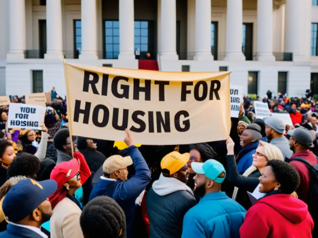 Un grupo diverso de personas protesta por el Derecho a la vivienda global frente a un edificio gubernamental, mostrando pasión y determinación