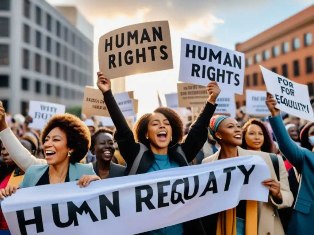 Un grupo diverso de personas participa en una protesta pacífica por los derechos humanos, mostrando determinación y pasión en sus rostros