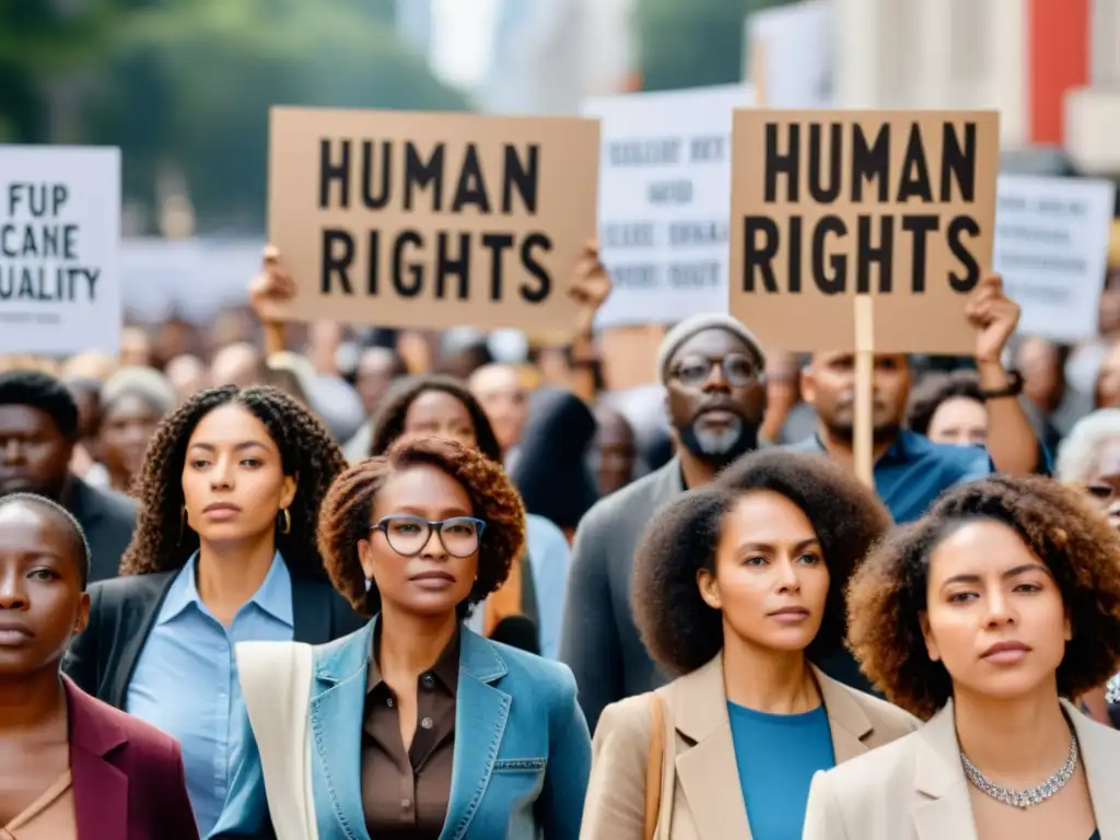 Un grupo diverso de personas se reúne en una protesta por los derechos humanos en un entorno urbano