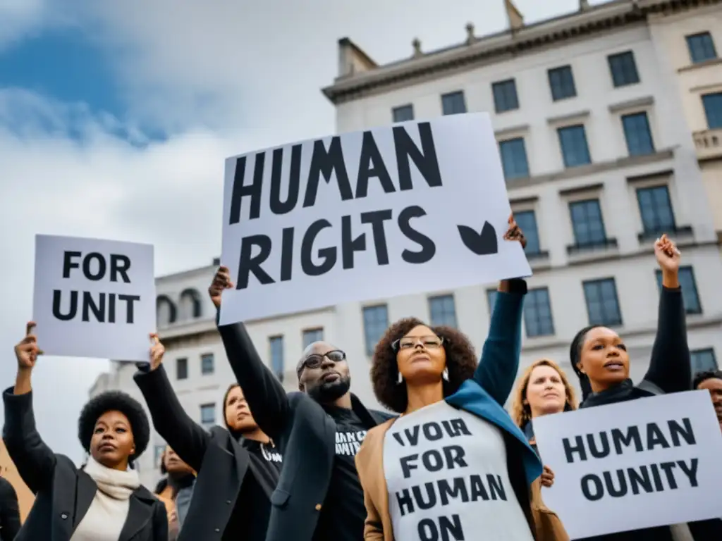 Un grupo diverso de personas se encuentra en una protesta pacífica, sosteniendo carteles con mensajes poderosos a favor de los derechos humanos