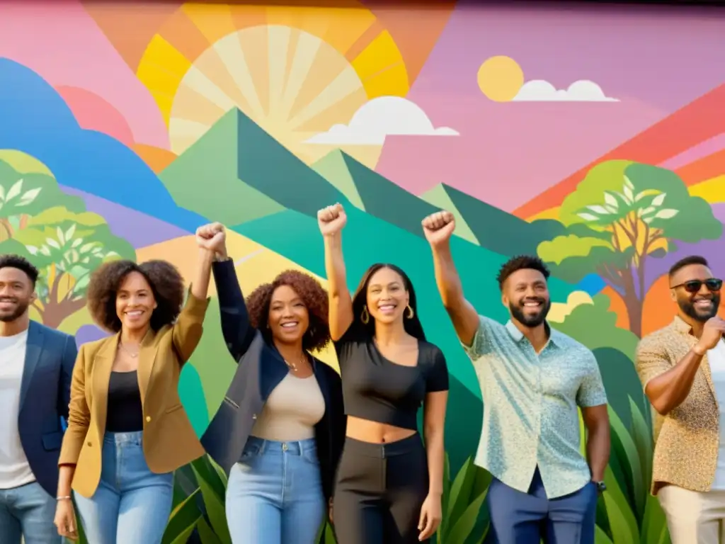 Grupo diverso de personas con puños en alto frente a mural colorido, simbolizando la fuerza y la inclusión de minorías en movimientos democráticos