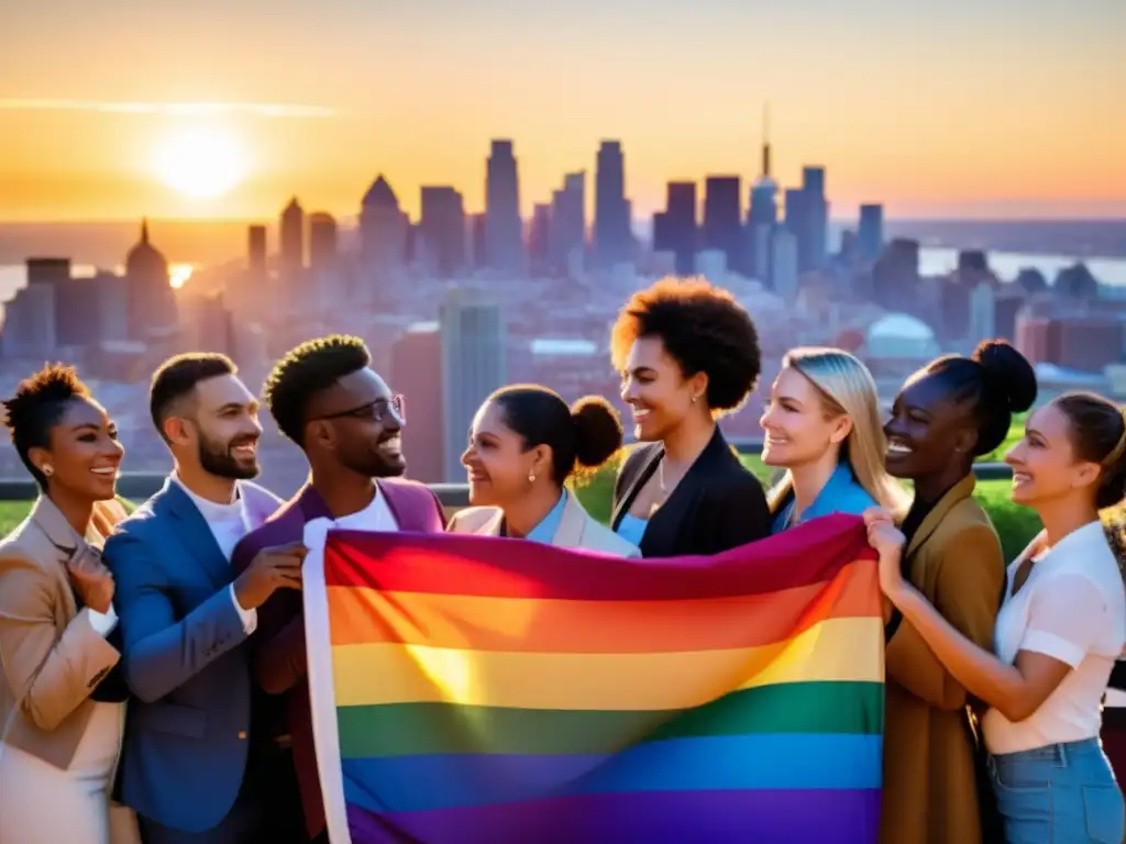 Grupo diverso de personas LGBTIQ+ muestra solidaridad en la lucha por la igualdad, en una ciudad