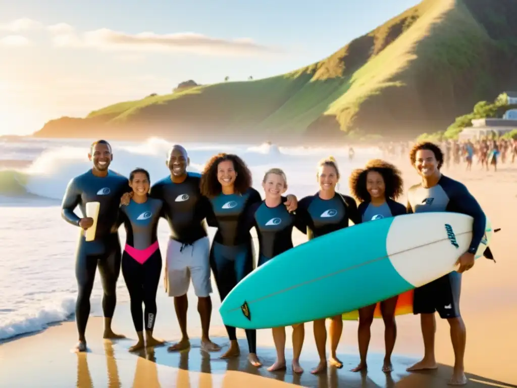 Comunidad feliz en la playa: preparándose para surfear Un grupo diverso de personas sonrientes se reúnen en la playa con tablas de surf
