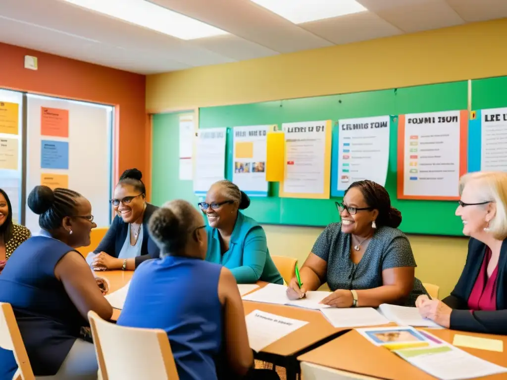 Un grupo diverso de personas participa en un taller de alfabetización en un centro comunitario