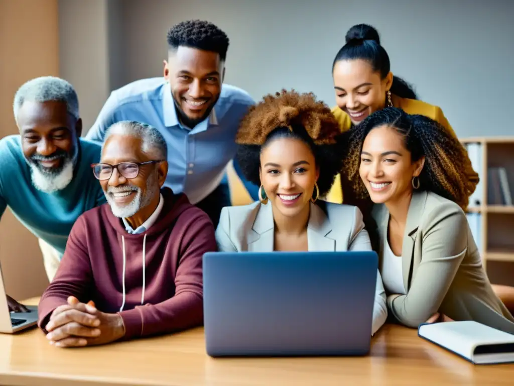 Un grupo diverso de personas utiliza la tecnología para aprender y conectarse en un ambiente inclusivo y cálido