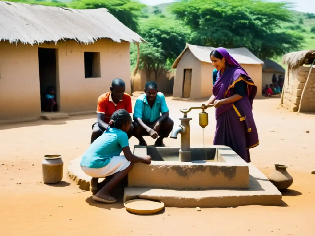 Un grupo diverso de personas espera pacientemente su turno para recoger agua de un pozo comunitario en una aldea rural