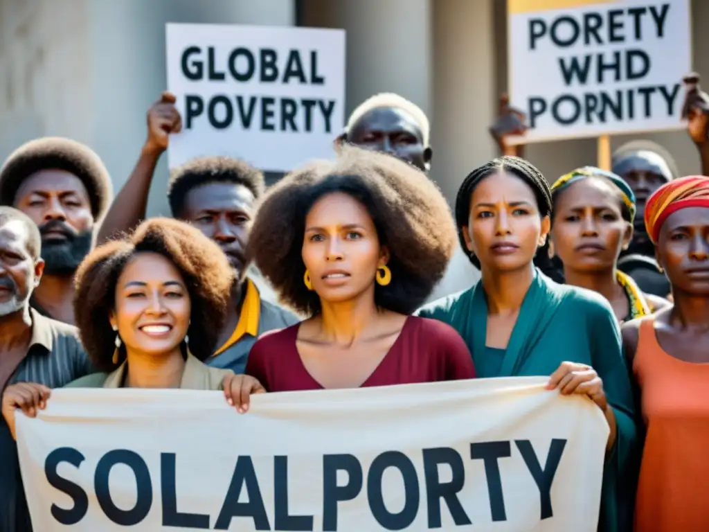 Un grupo diverso de personas unidas con carteles en un llamado a la respuesta ciudadana ante la pobreza global