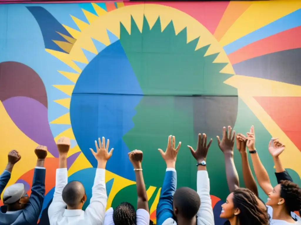 Grupo diverso de personas unidas frente a mural de derechos humanos, expresando esperanza y determinación