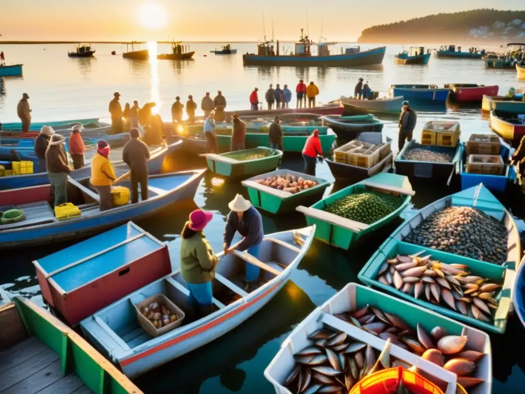 Un grupo diverso de pescadores y pescadoras locales se prepara para zarpar en un muelle bullicioso, rodeados de barcos y mariscos frescos