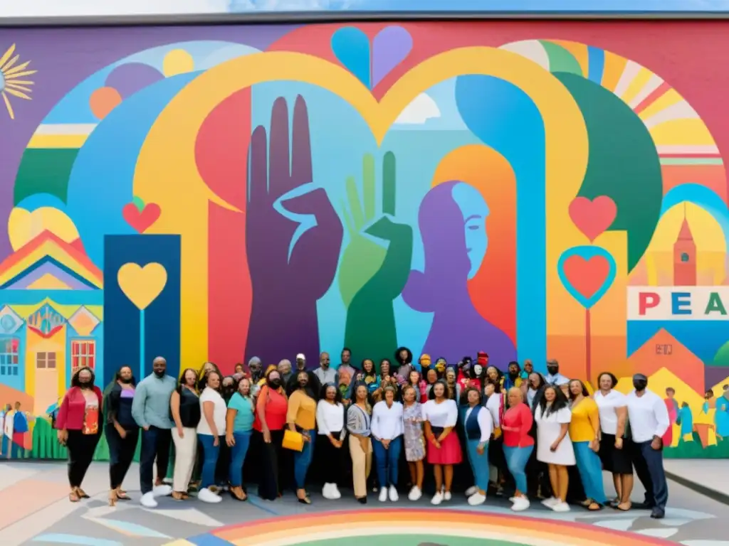 Grupo diverso en plaza urbana frente mural de paz, exudan determinación y esperanza, efectividad acuerdos paz derechos humanos