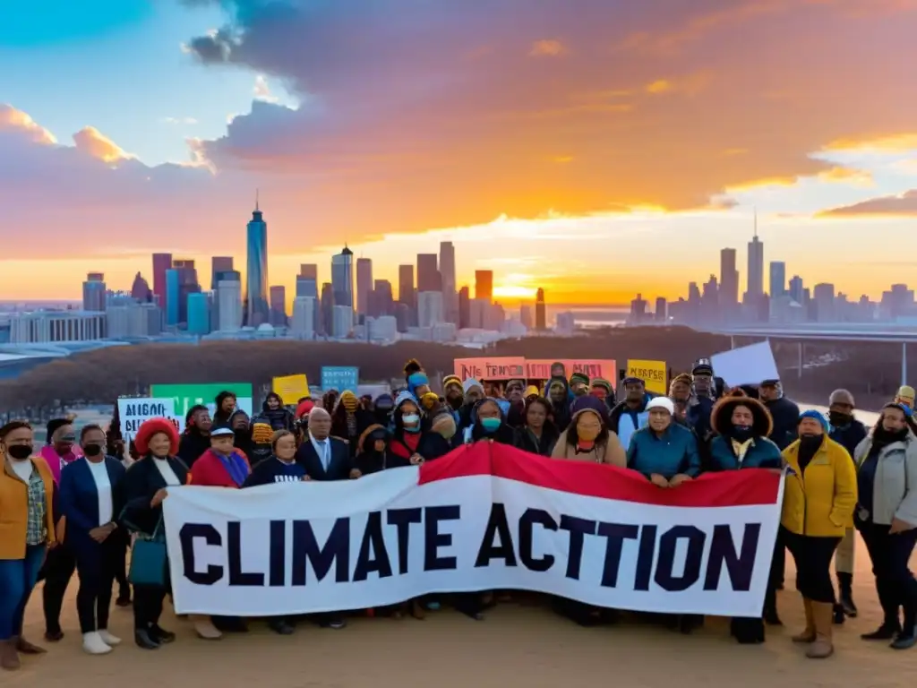 Grupo diverso en protesta por el cambio climático, con pancartas coloridas, en una ciudad al atardecer